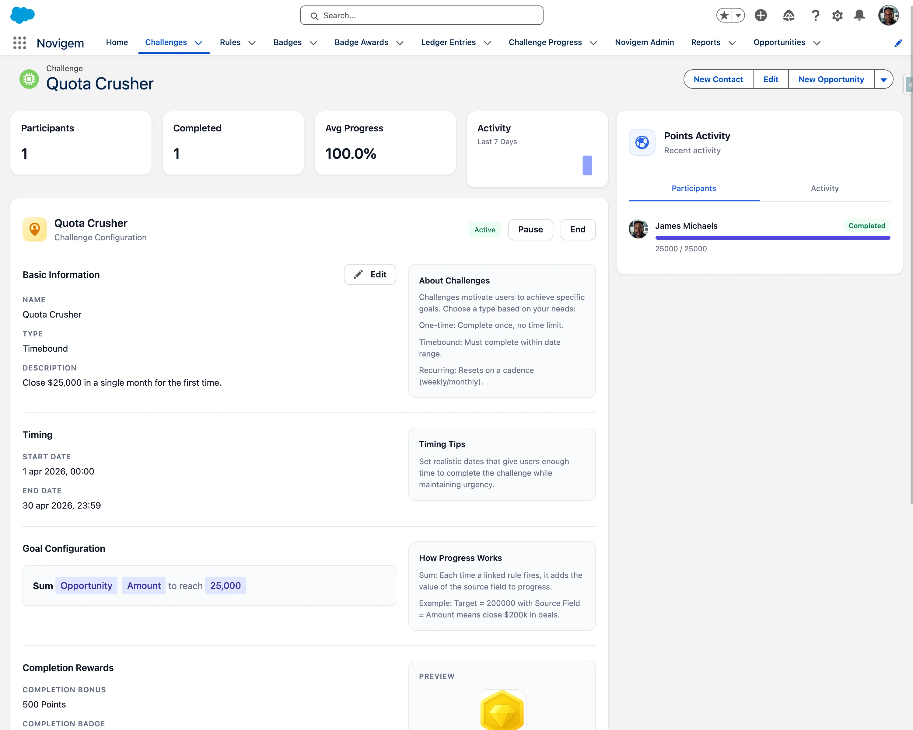 Challenge builder showing Big Quarter challenge with progress tracking